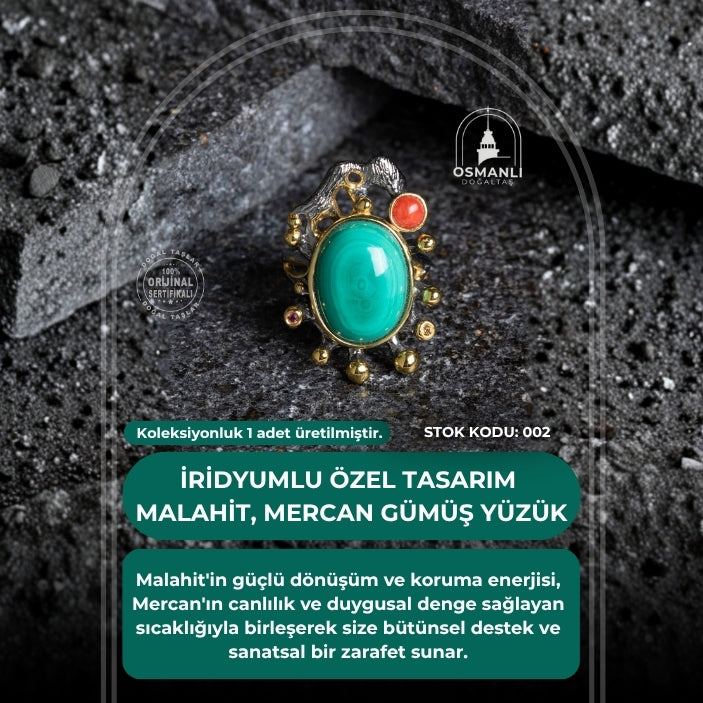 Sertifikalı İridyumlu Malahit, Mercan Özel Tasarım Gümüş Yüzük (SK:002)