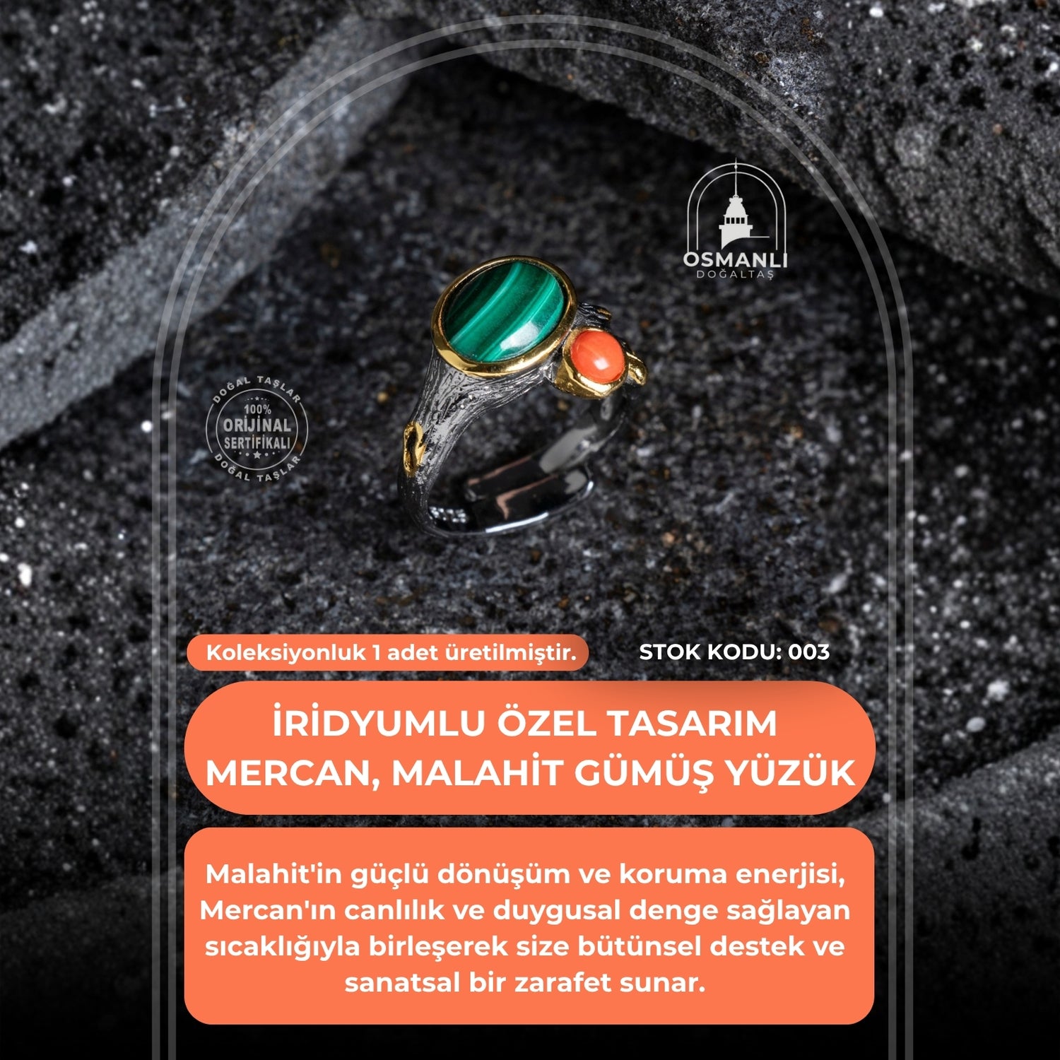 Sertifikalı İridyumlu Mercan, Malahit Özel Tasarım Gümüş Yüzük (SK:003)