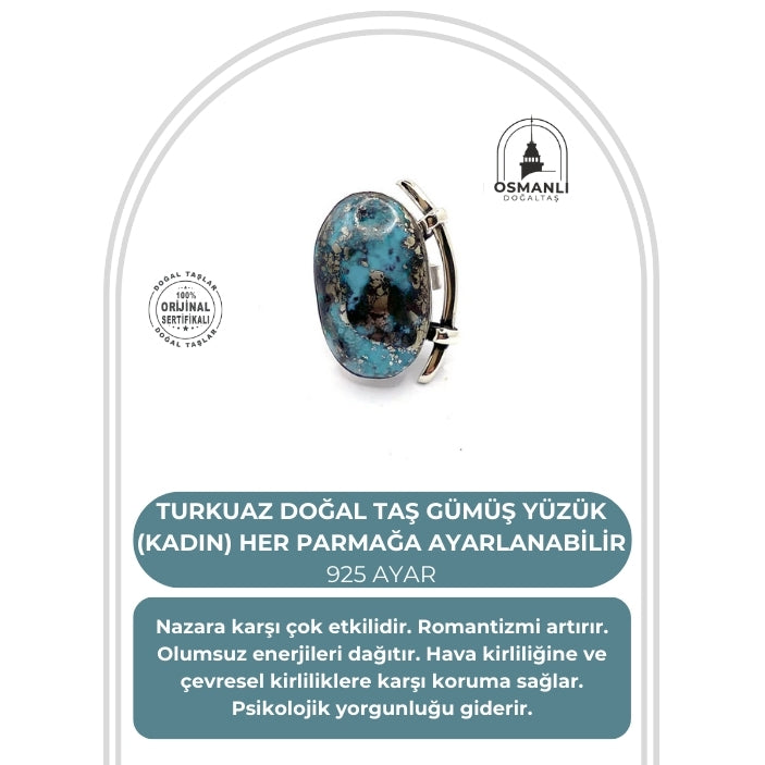 Sertifikalı Hakiki Orijinal Turkuaz Yüzük Doğal Taş Gümüş Yüzük (Kadın)  Her Parmağa Ayarlanabilir 925 Ayar