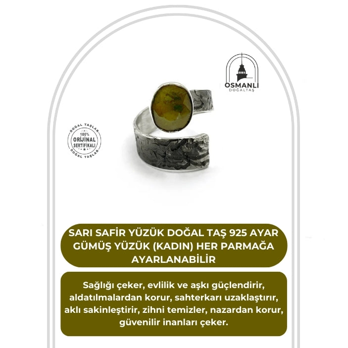 Sertifikalı Hakiki Orijinal Sarı Safir Yüzük Doğal Taş 925 Ayar Gümüş Yüzük (Kadın) Her Parmağa Ayarlanabilir