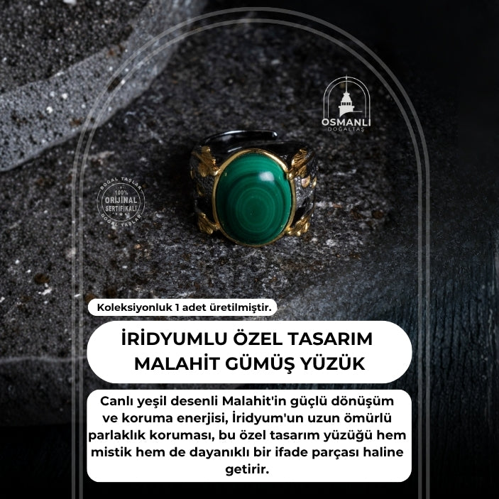Sertifikalı Özel Tasarım İridyumlu Gümüş Malahit Yüzük