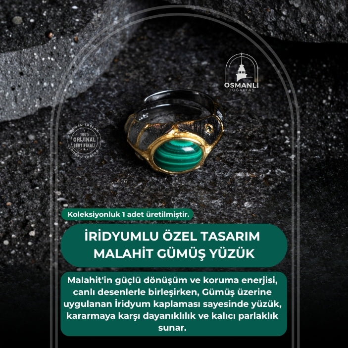 Sertifikalı İridyumlu Malahit Gümüş Özel Tasarım Yüzük