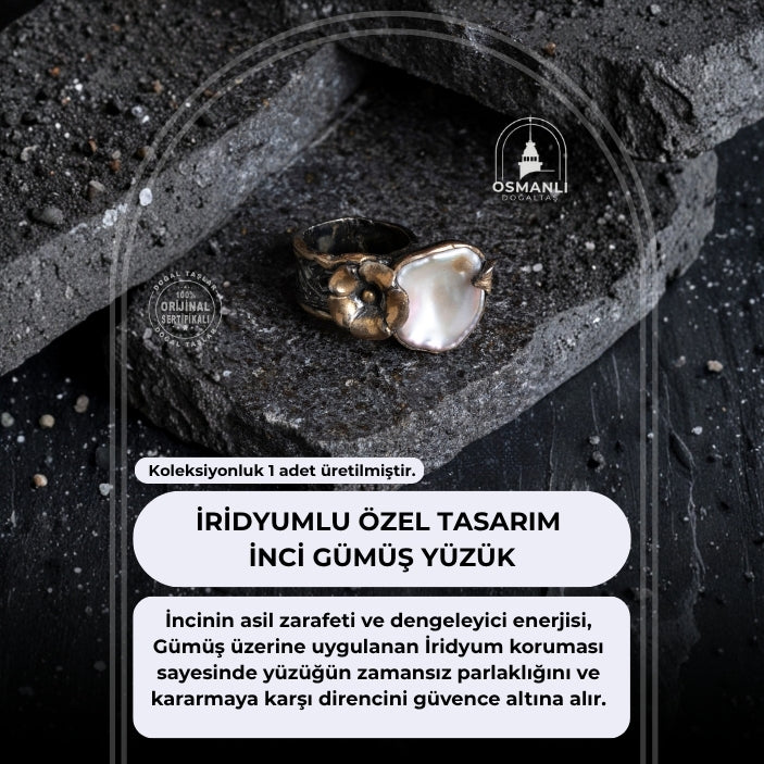 Sertifikalı İridyumlu Gümüş İnci Özel Tasarım Yüzük
