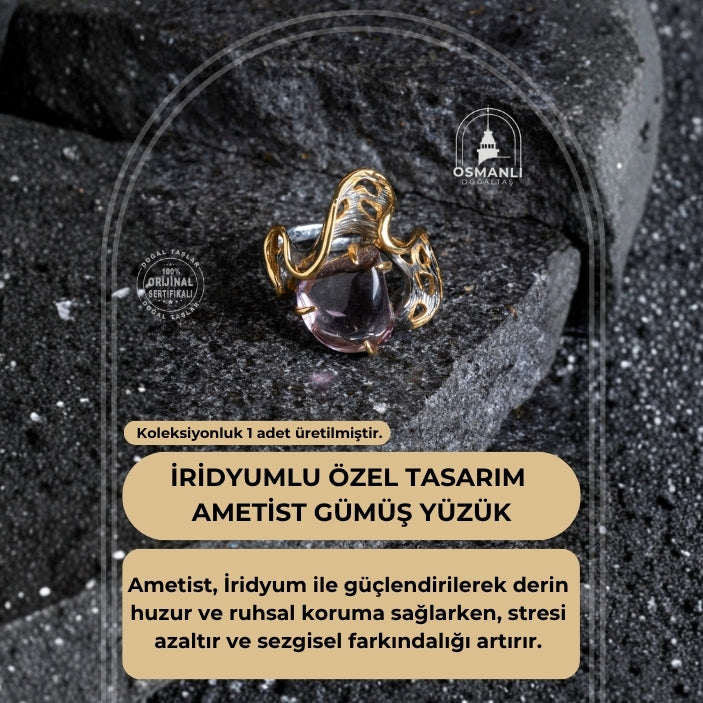 Sertifikalı İridyumlu Özel Tasarım Ametist Gümüş Yüzük
