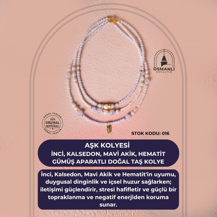 Sertifikalı Aşk Kolyesi  İnci, Kalsedon, Mavi Akik, Hematit Gümüş Aparatlı Doğal Taş Kolye (SK:016)
