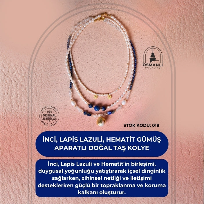 Sertifikalı İnci, Lapis Lazuli, Hematit Gümüş Aparatlı Doğal Taş Kolye (SK:018)