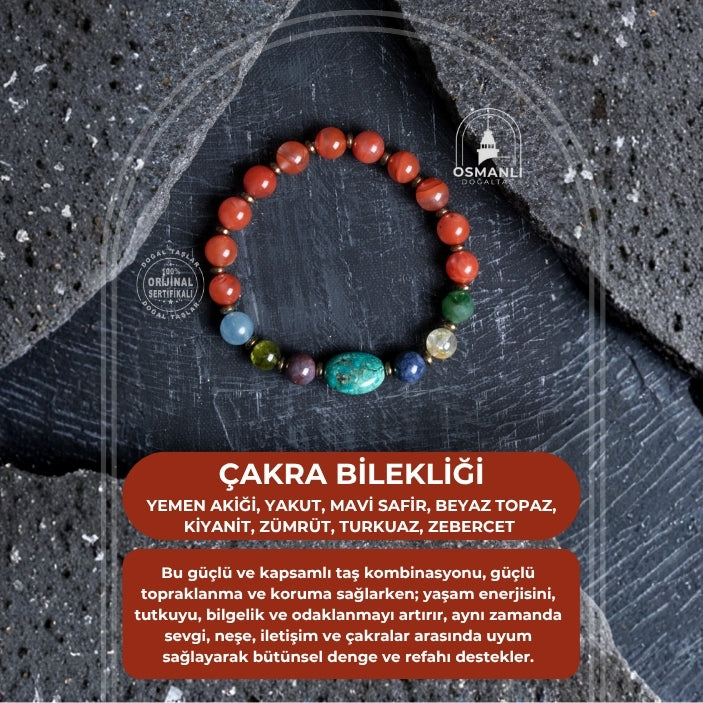 En Değerli Taşlardan Çakra Bilekliği Yemen Akiği, Yakut, Mavi Safir, Beyaz Topaz, Kiyanit, Zümrüt, Turkuaz, Zebercet