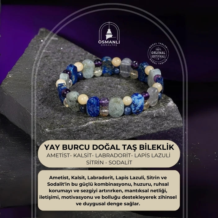 Yay Burcu Bileklik Ametist, Kalsit, Labradorit, Lapis Lazuli, Mavi Akik, Sedef