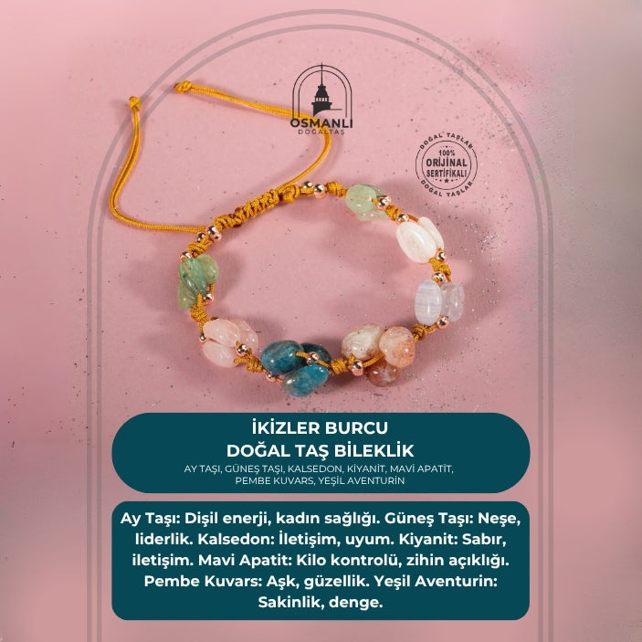 İkizler Burcu Bileklik Ay Taşı, Güneş Taşı, Kalsedon, Kiyanit, Mavi Apatit, Pembe Kuvars, Yeşil Aventurin
