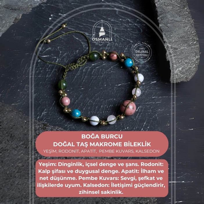 Sertifikalı Boğa Burcu Doğal Taş Makrome Bileklik