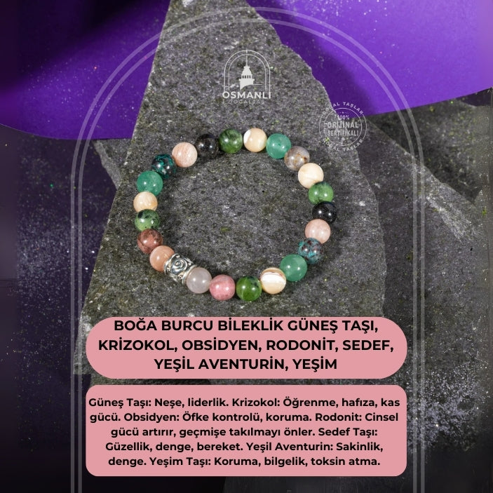 Boğa Burcu Bileklik Güneş Taşı, Krizokol, Obsidyen, Rodonit, Sedef, Yeşil Aventurin, Yeşim