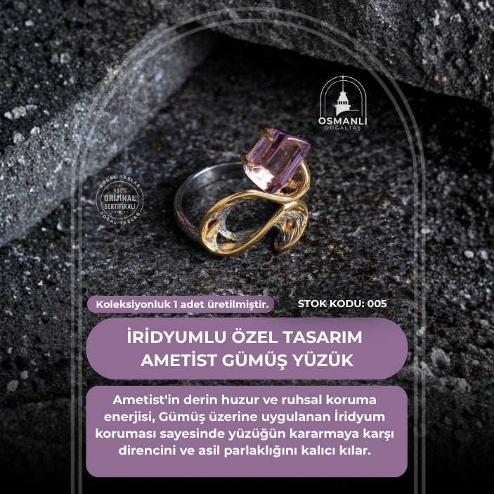 Sertifikalı İridyumlu Ametist Özel Tasarım Gümüş Yüzük (SK:005)