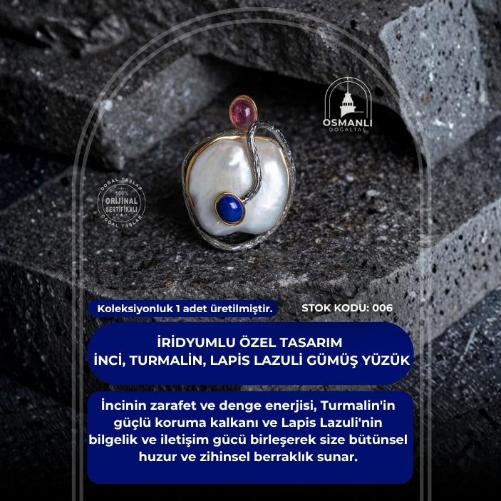 Sertifikalı İridyumlu İnci, Turmalin, Lapis Lazuli Özel Tasarım Gümüş Yüzük (SK:006)