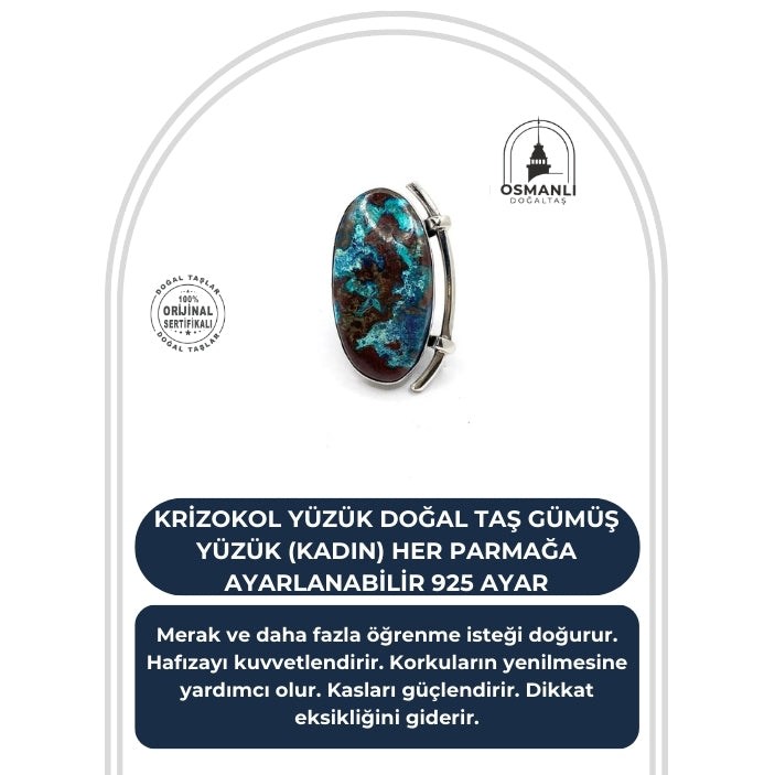 Sertifikalı Hakiki Orijinal Krizokol Yüzük Doğal Taş Gümüş Yüzük  (Kadın) Her Parmağa Ayarlanabilir 925 Ayar