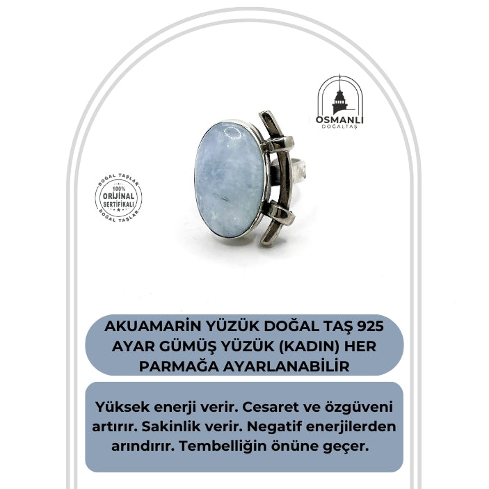 Sertifikalı Hakiki Orijinal Akuamarin Yüzük Doğal Taş 925 Ayar Gümüş Yüzük (Kadın) Her Parmağa Ayarlanabilir
