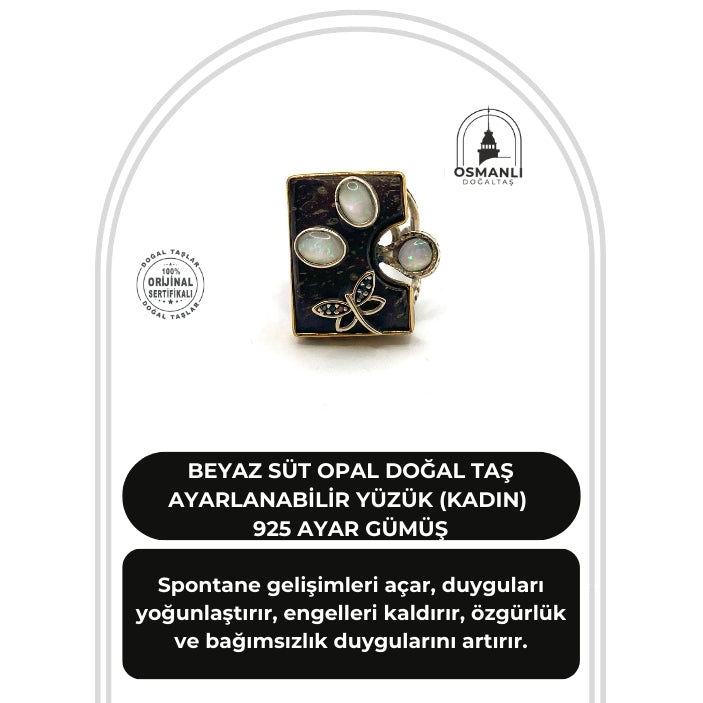 Beyaz Süt Opal Doğal Taş Ayarlanabilir Yüzük (Kadın) 925 Ayar Gümüş
