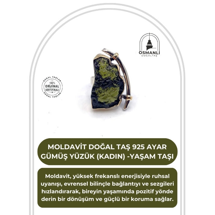 Moldavit Doğal Taş 925 Ayar Gümüş Yüzük (Kadın) -Yaşam Taşı