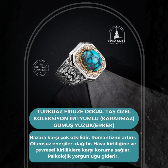 Turkuaz Firuze Doğal Taş Özel Koleksiyon İrityumlu (Kararmaz) Gümüş Yüzük(Erkek)