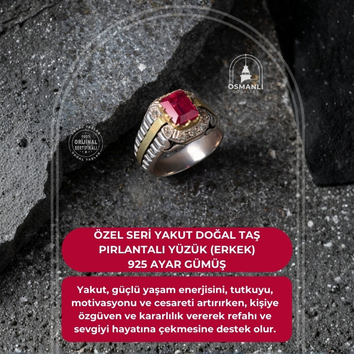 Sertifikalı Özel Seri Yakut Doğal Taş Pırlantalı Yüzük (Erkek) - 925 Ayar Gümüş