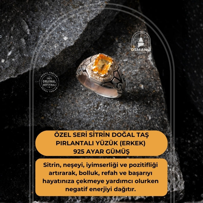 Sertifikalı Özel Seri Sitrin Doğal Taş Pırlantalı Yüzük (Erkek) - 925 Ayar Gümüş