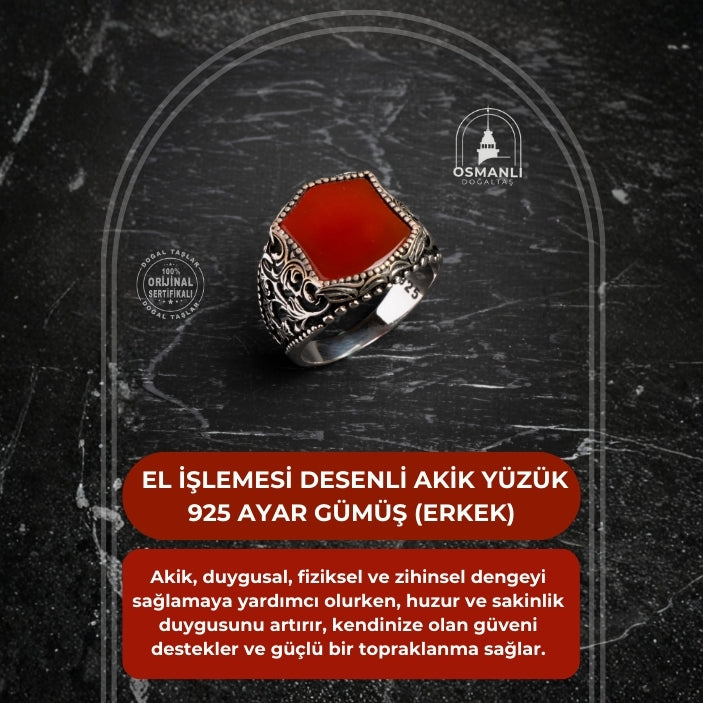 Sertifikalı 925 Ayar El İşlemesi Desenli Akik Yüzük (Erkek)