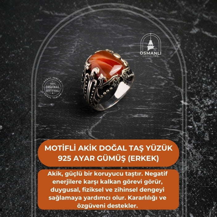Sertifikalı 925 Ayar Motifli Akik Doğal Taş Yüzük (Erkek)