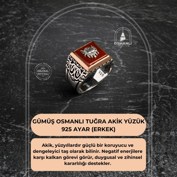 Sertifikalı 925 Ayar Gümüş Osmanlı Tuğra Akik Yüzük (Erkek)