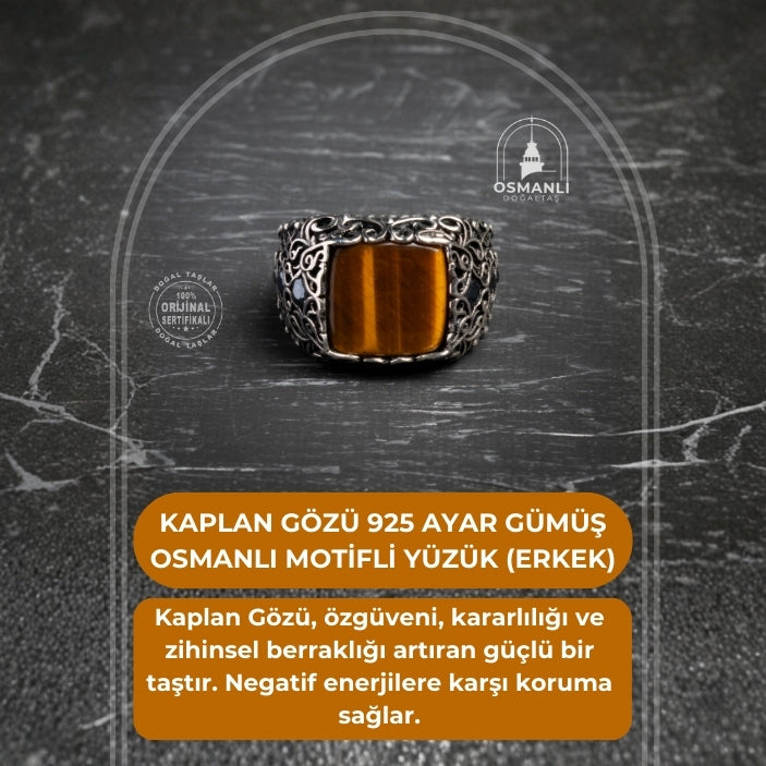 Sertifikalı Kaplan Gözü 925 Ayar Gümüş Osmanlı Motifli Yüzük (Erkek)