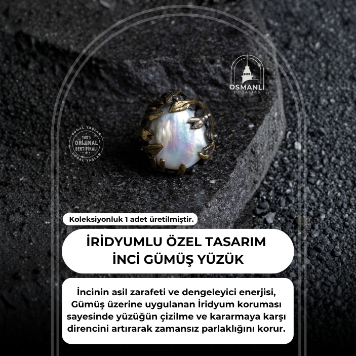 Sertifikalı Özel Tasarım İridyumlu İnci Gümüş Yüzük