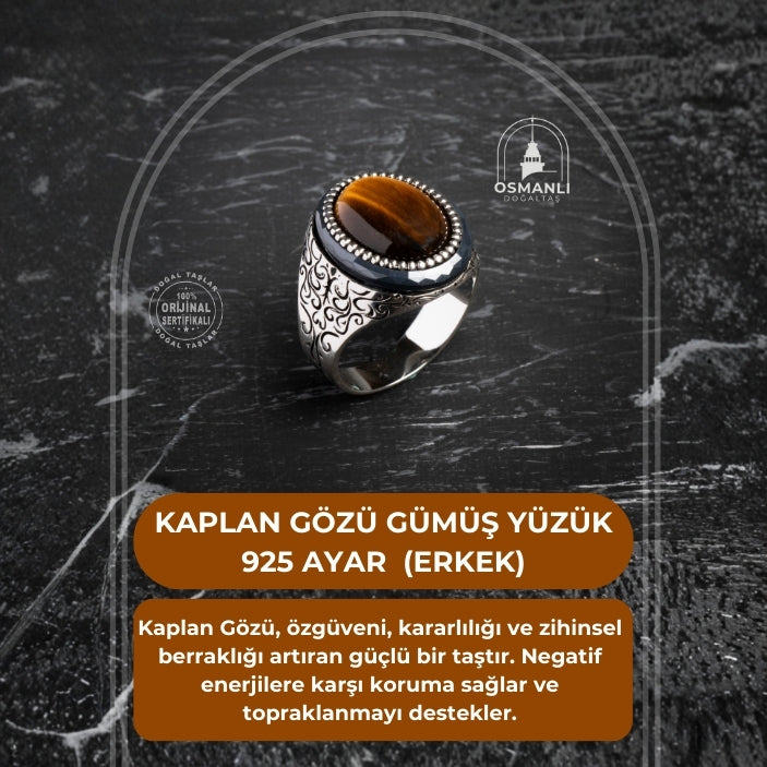Sertifikalı 925 Ayar Kaplan Gözü Gümüş Yüzük (Erkek)