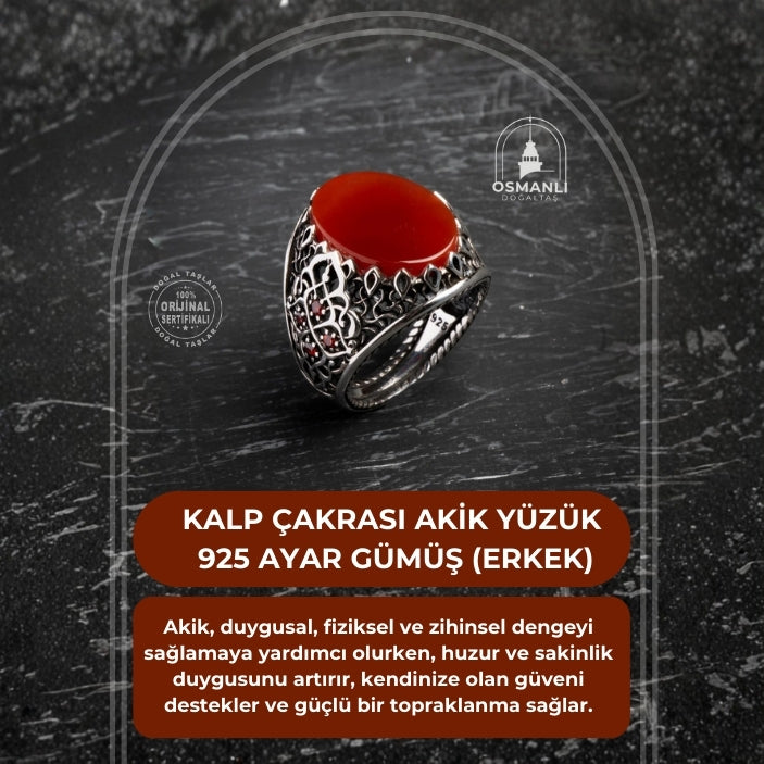 Sertifikalı Kalp Çakrası Akik Yüzük 925 Ayar Gümüş (Erkek)
