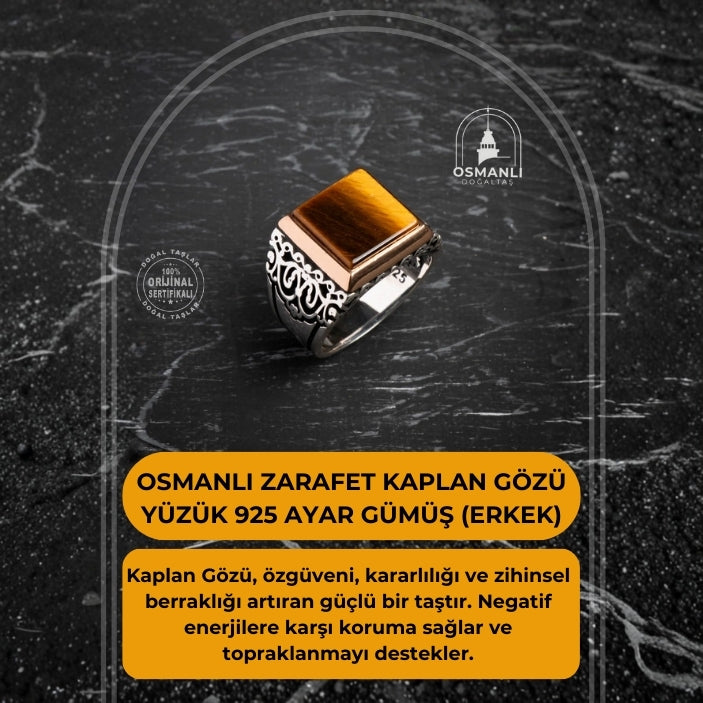 Sertifikalı Osmanlı Zarafet Kaplan Gözü Yüzük 925 Ayar Gümüş (Erkek)