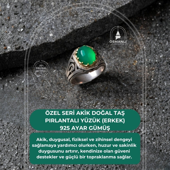 Sertifikalı  Özel Seri Akik Doğal Taş Pırlantalı Yüzük (Erkek) - 925 Ayar Gümüş