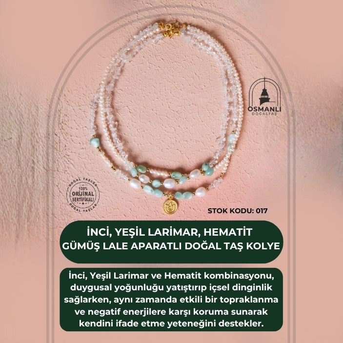 Sertifikalı İnci, Yeşil Larimar, Hematit  Gümüş Lale Aparatlı Doğal Taş Kolye (SK:017)