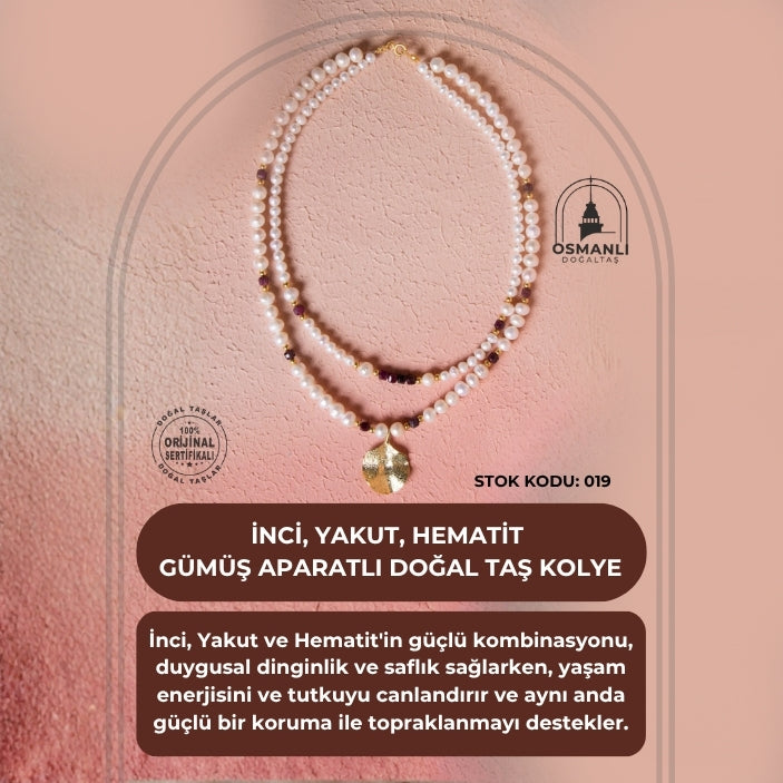 Sertifikalı İnci, Yakut, Hematit Gümüş Aparatlı Doğal Taş Kolye (SK:019)