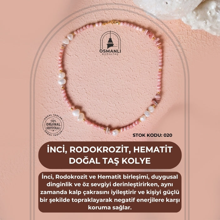 Sertifikalı İnci, Rodokrozit, Hematit Doğal Taş Kolye (SK:020)