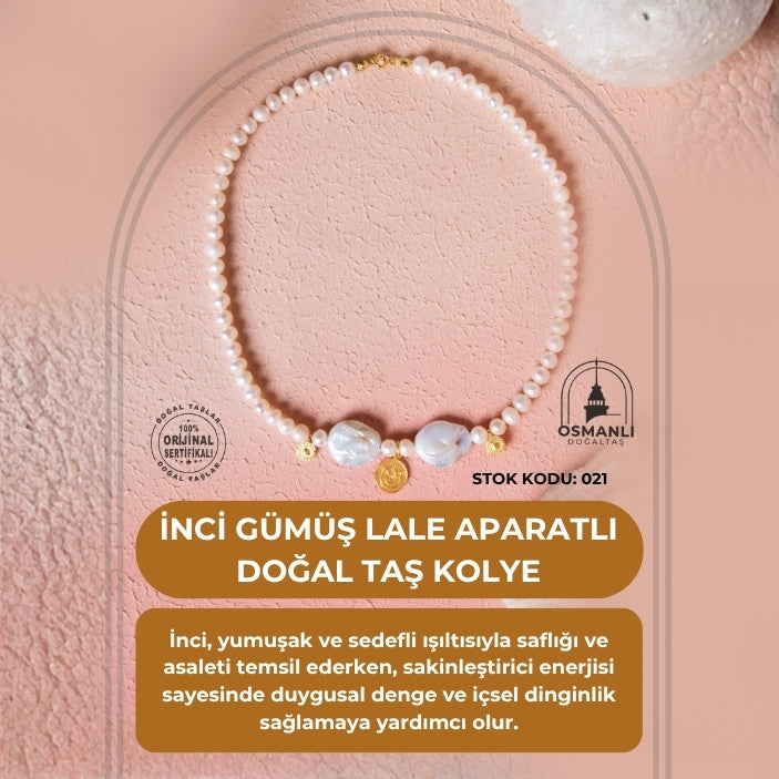 Sertifikalı İnci Gümüş Lale Aparatlı Doğal Taş Kolye (SK:021)