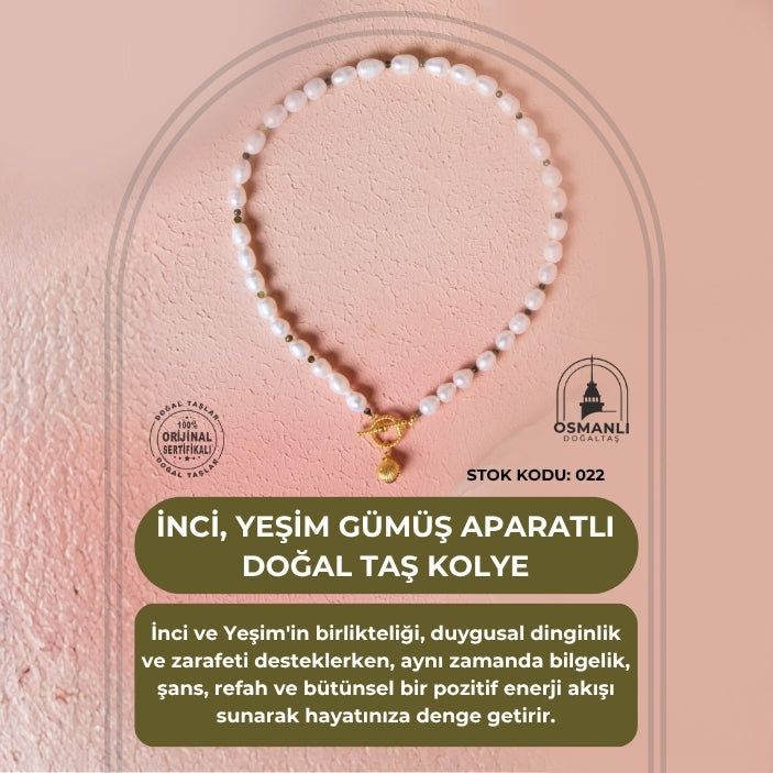 Sertifikalı İnci, Yeşim Gümüş Aparatlı Doğal Taş Kolye (SK:022)