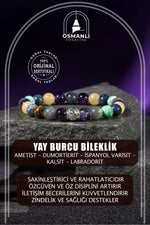 Yay Burcu Bileklik Ametist, Dumortierit, İspanyol Varisit, Kalsit, Labradorit