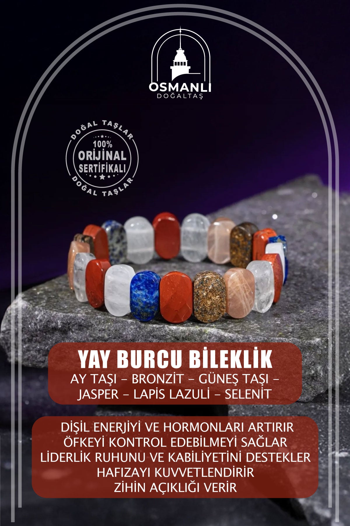 Yay Burcu Bileklik Ay Taşı, Bronzit, Güneş Taşı, Jasper, Lapis Lazuli, Selenit