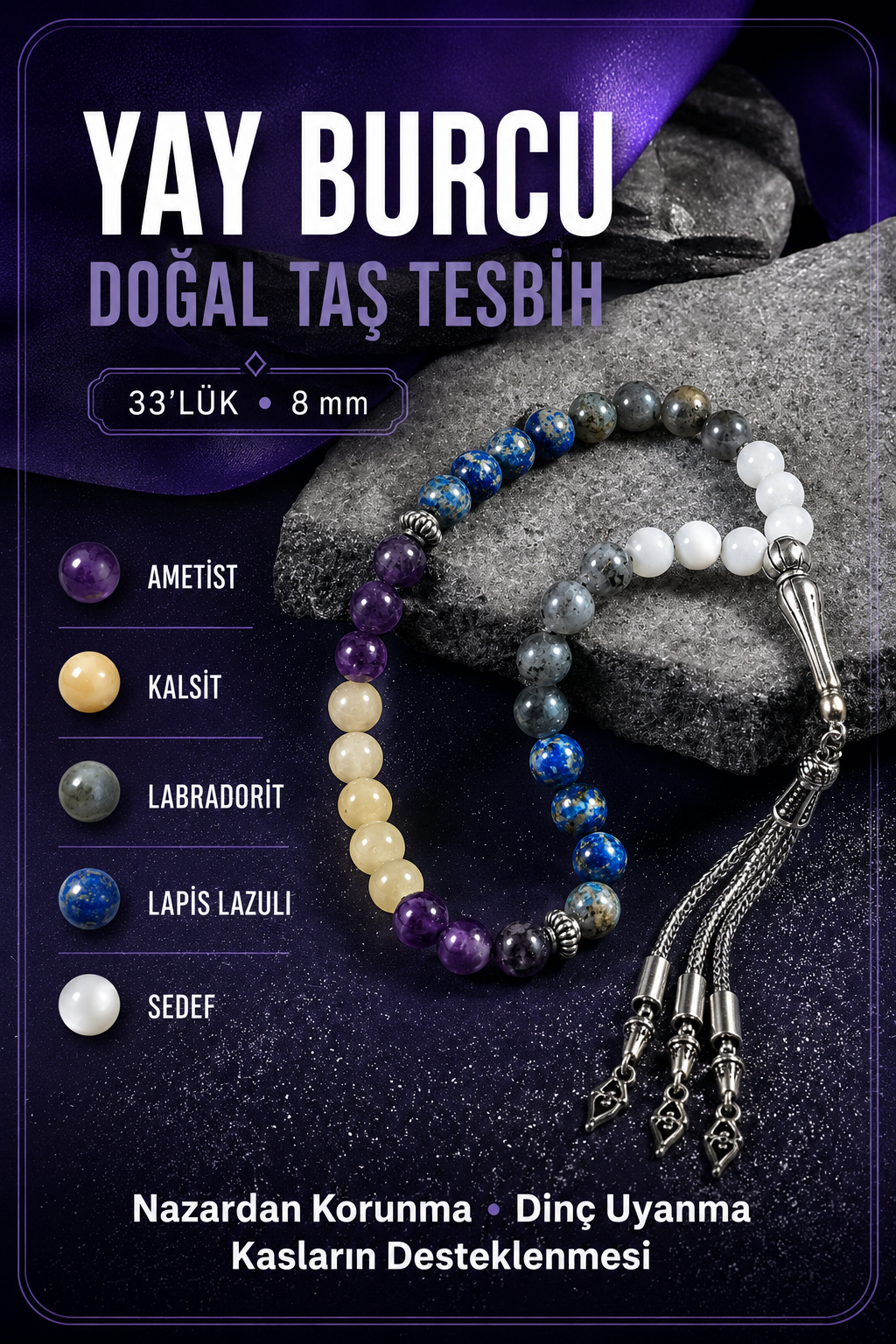 Yay Burcu Tesbih Ametist, Kalsit, Labradorit, Lapis Lazuli, Sedef