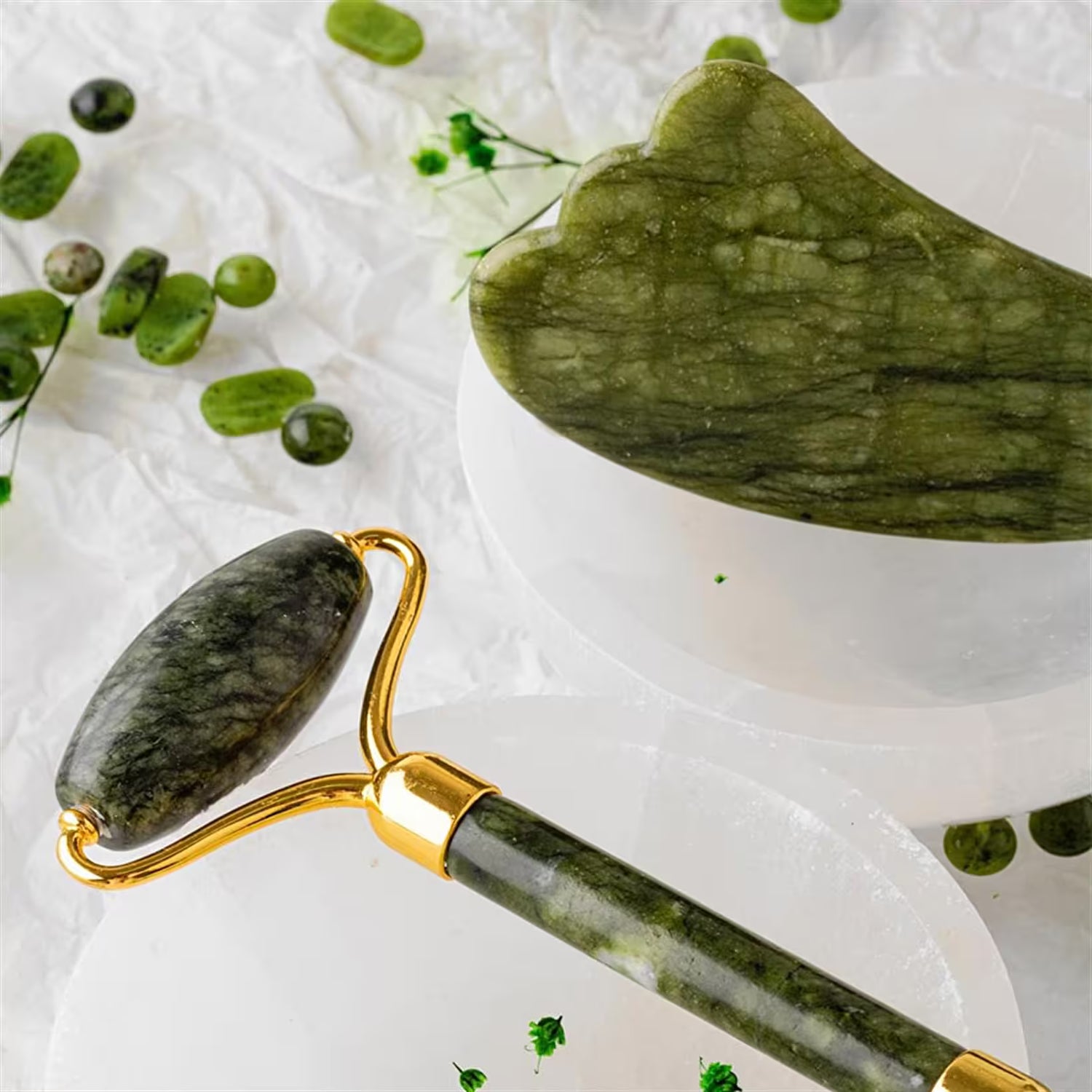 Yeşim Taşı Masaj Takımı - Roller ve Gua Sha Kaz Ayaklı Set