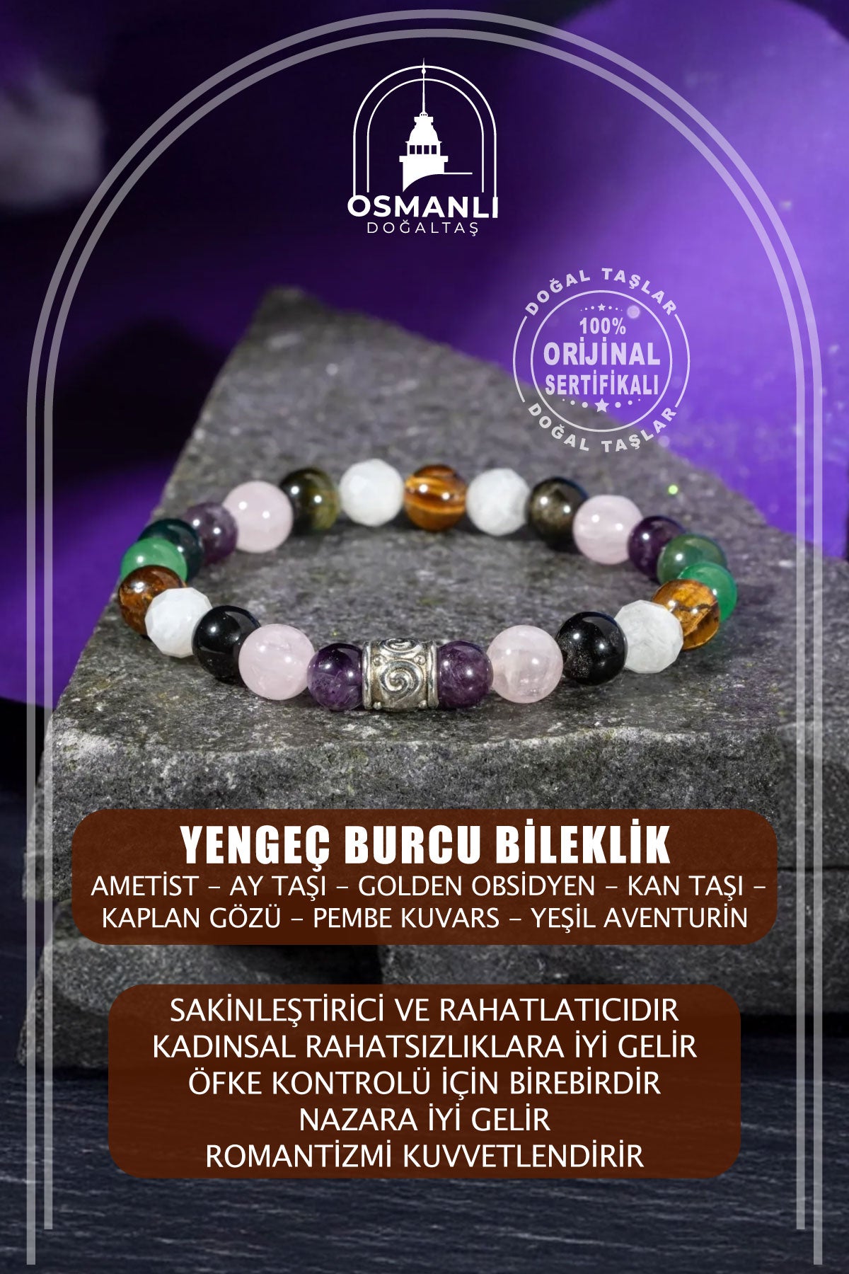 Yengeç Burcu Bileklik Ametist, Ay Taşı, Golden Obsidyen, Kan Taşı, Kaplan Gözü, Pembe Kuvars, Yeşil Aventurin