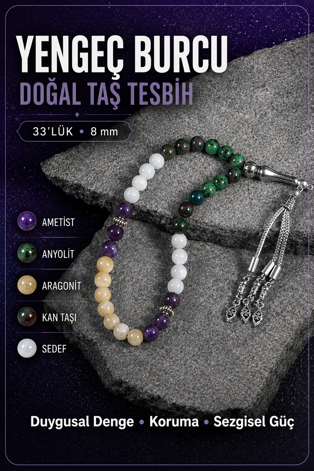 Yengeç Burcu Tesbih Ametist, Anyolit, Aragonit, Kan Taşı, Sedef