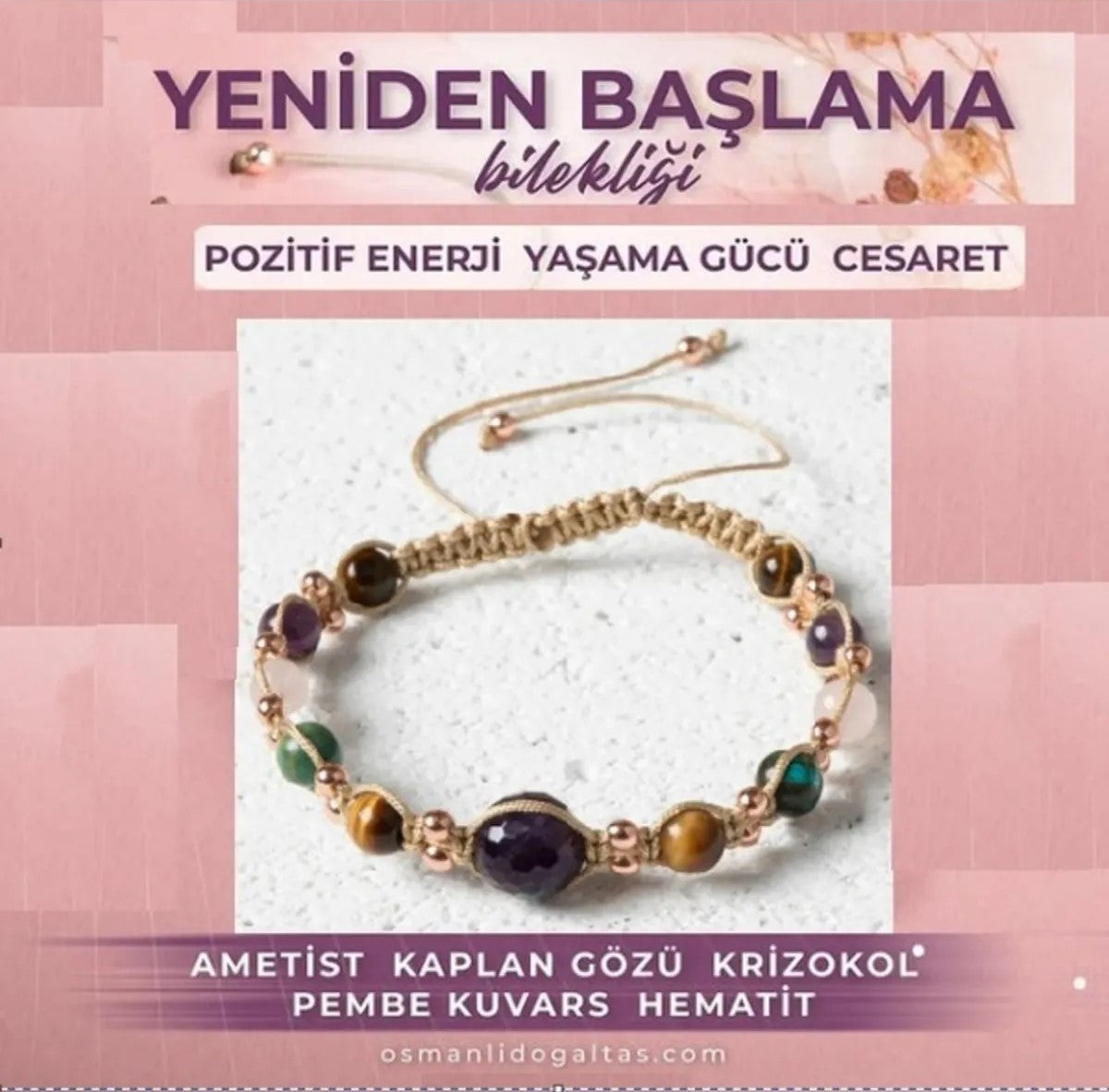 Yeniden Başlama Bilekliği - Ametist-Kaplan Gözü-Pembe Kuvars-Krizokol Doğal Taş Bileklik