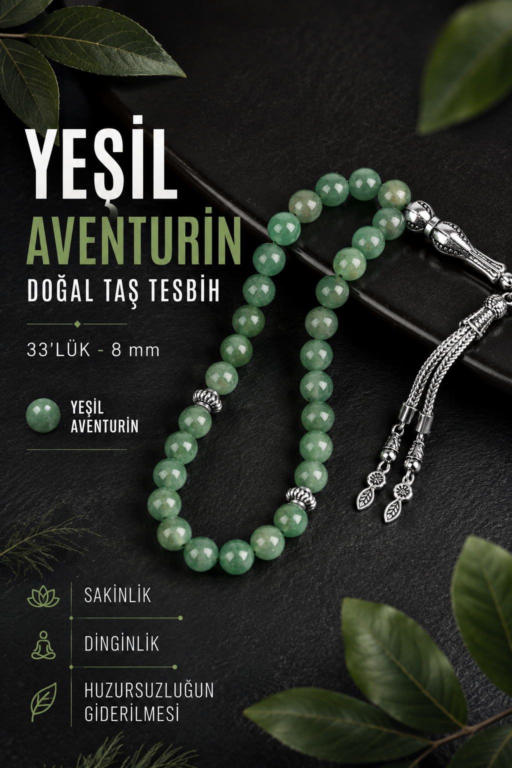 Yeşil Aventurin Doğal Taş Tesbih 33lük - 8mm