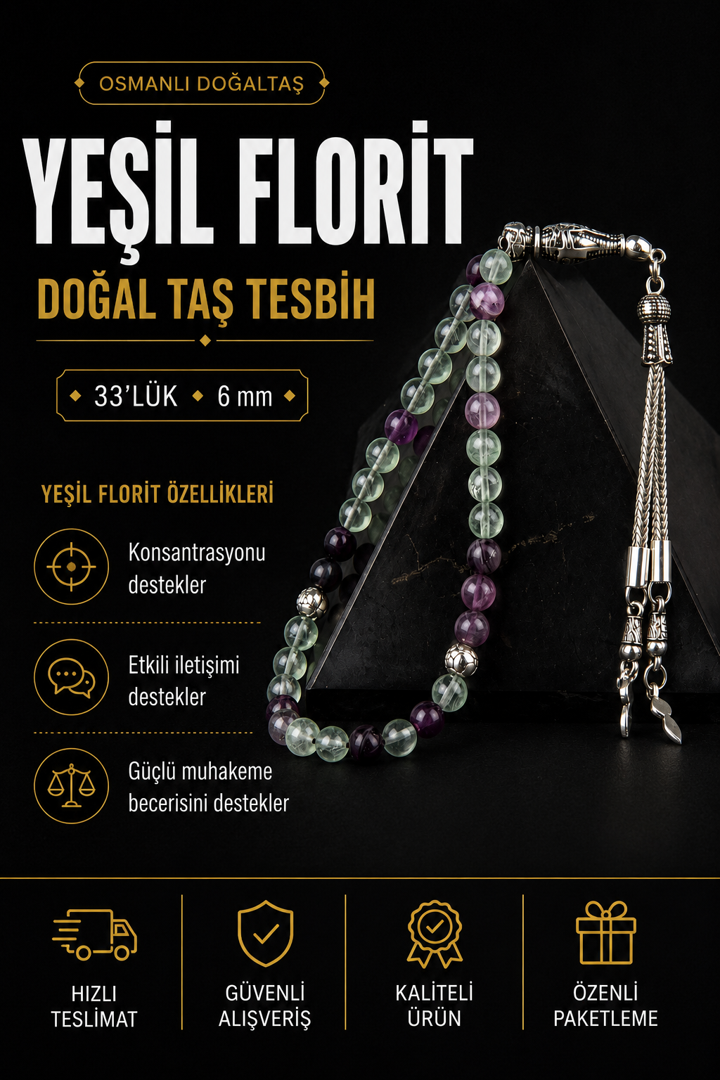 Yeşil Florit Doğal Taş Tesbih 33lük - 6mm