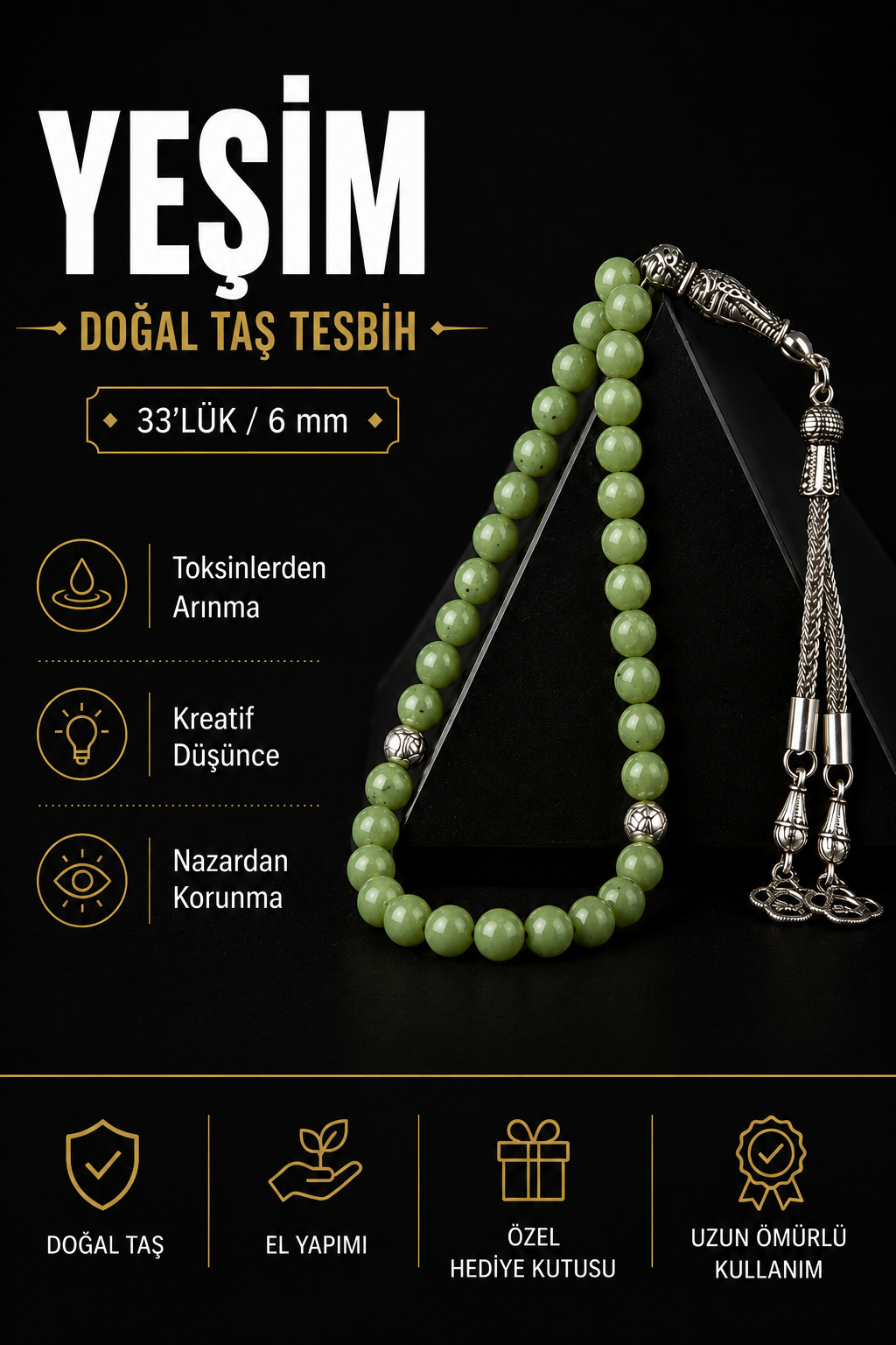 Yeşim Doğal Taş Tesbih 33lük - 6mm