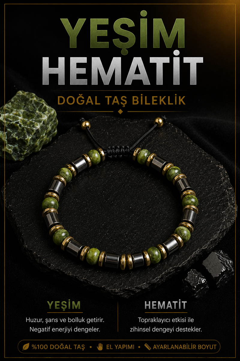 Yeşim ve Hematit Doğal Taş Bileklik