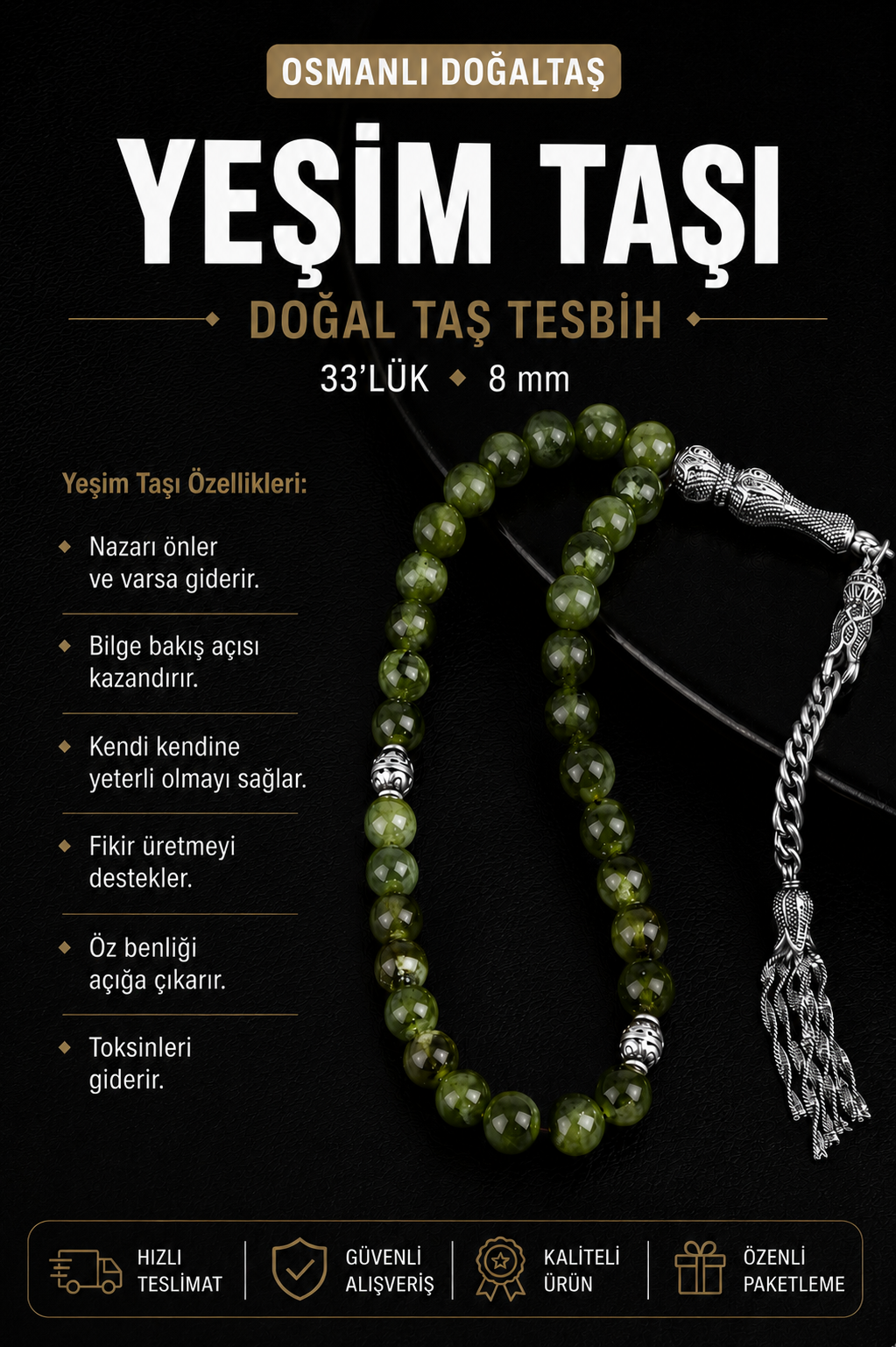 Yeşim Doğal Taş Tesbih 33lük - 8mm